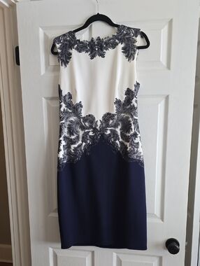 Tadashi Shoji Navy and White Lace-Detail Sheath Dress